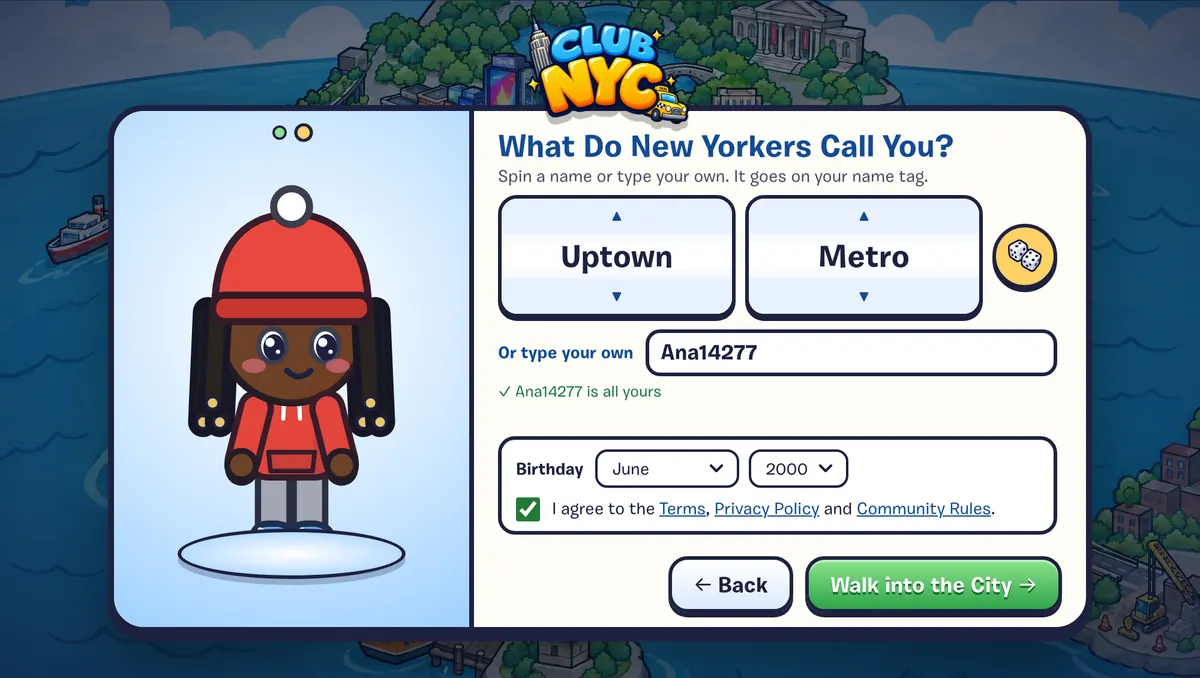 The name screen, with two spinning name wheels, a box to type your own name, and the birthday fields.
