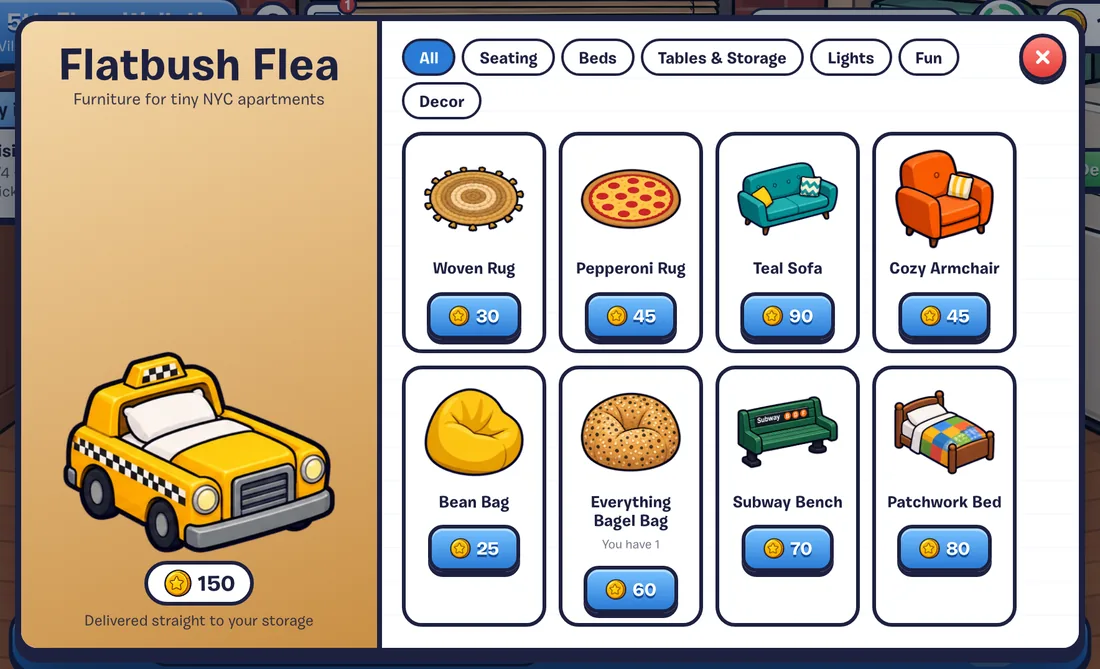 The Flatbush Flea furniture catalog, with tabs for seating, beds, tables, lights, fun and decor.