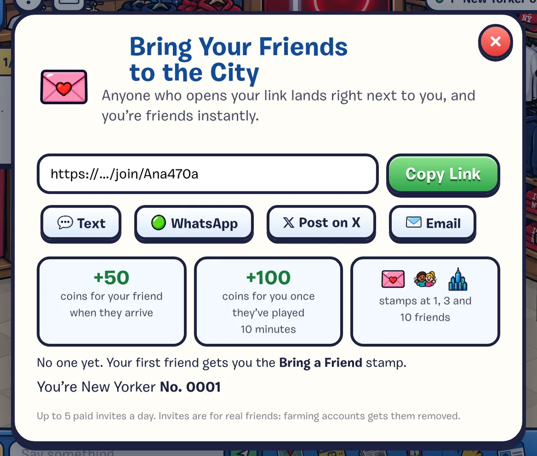 The invite panel, with your personal link, a Copy Link button and ways to share it.