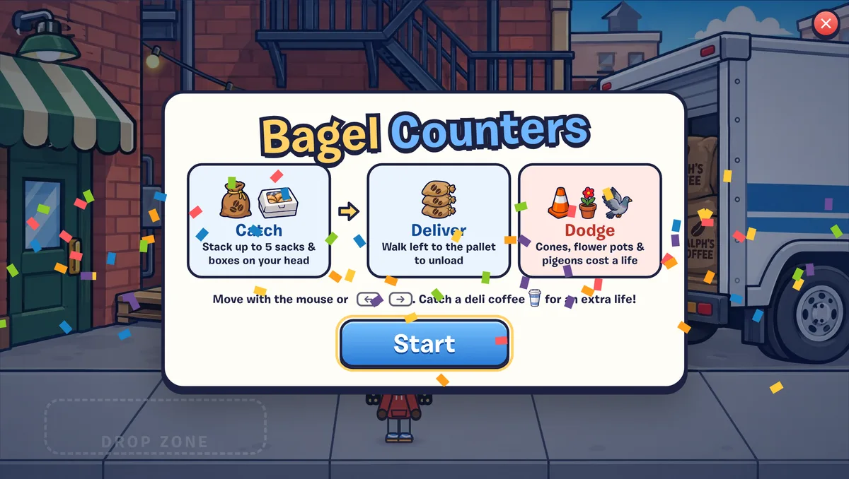 Bagel Counters: a New Yorker under a stack of coffee sacks and bagel boxes, next to a delivery truck and a drop zone.