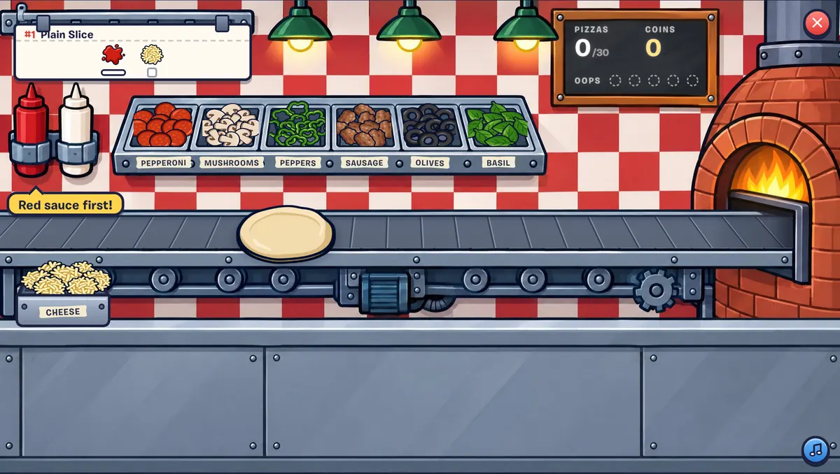 Slice Factory: a pizza riding the conveyor belt toward the oven, with sauce bottles, a cheese tub and topping bins.