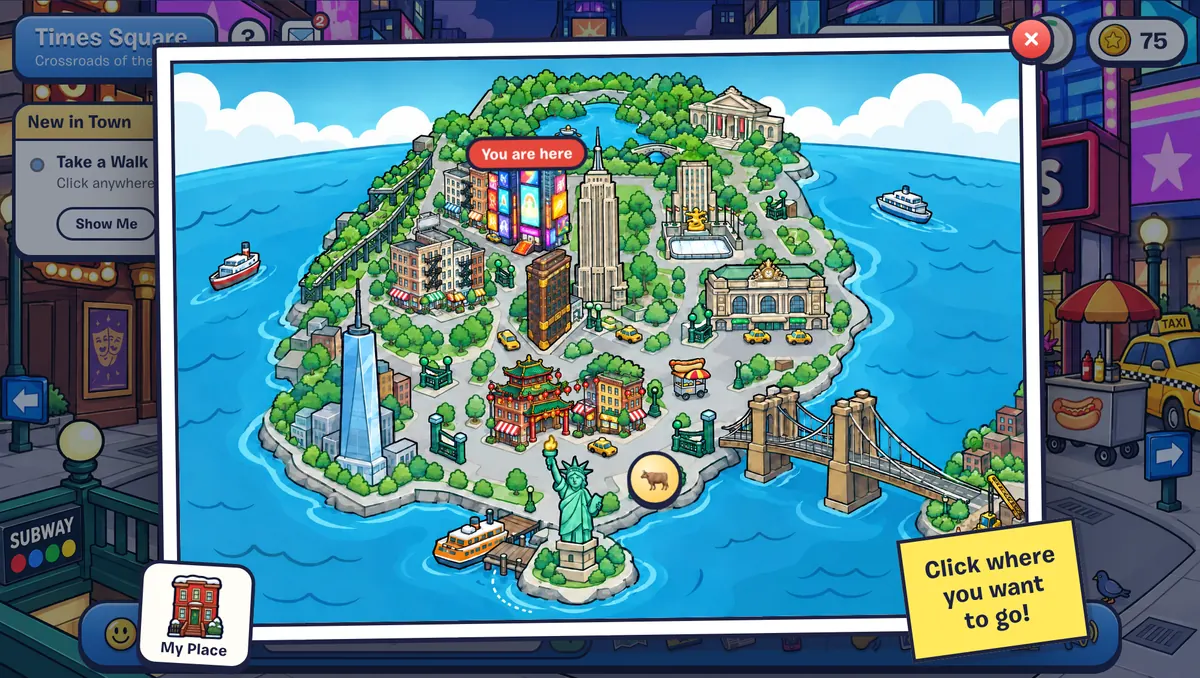 The Club NYC map of Manhattan, with landmarks to click and a You Are Here pin.