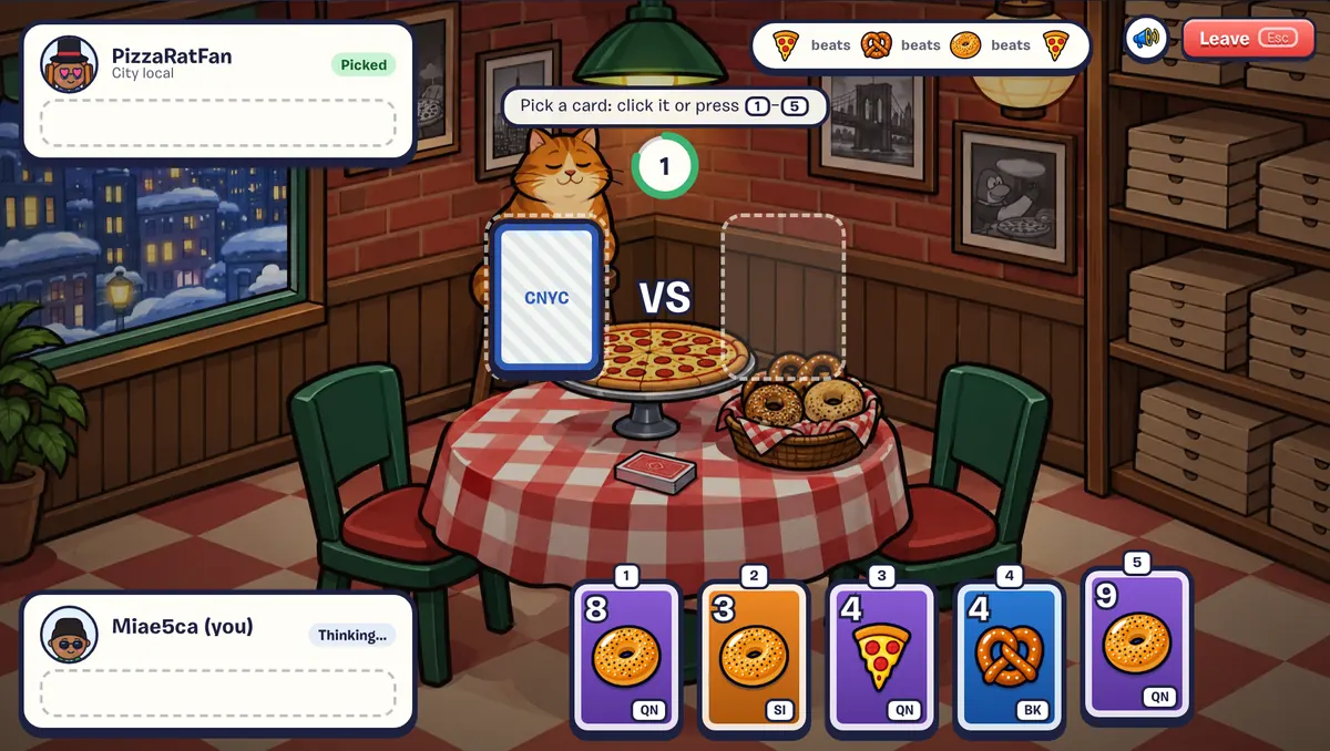 A Carb-Jitsu match at Joe's Pizza: the bodega cat at the table, two cards facing off, and a hand of five food cards at the bottom.