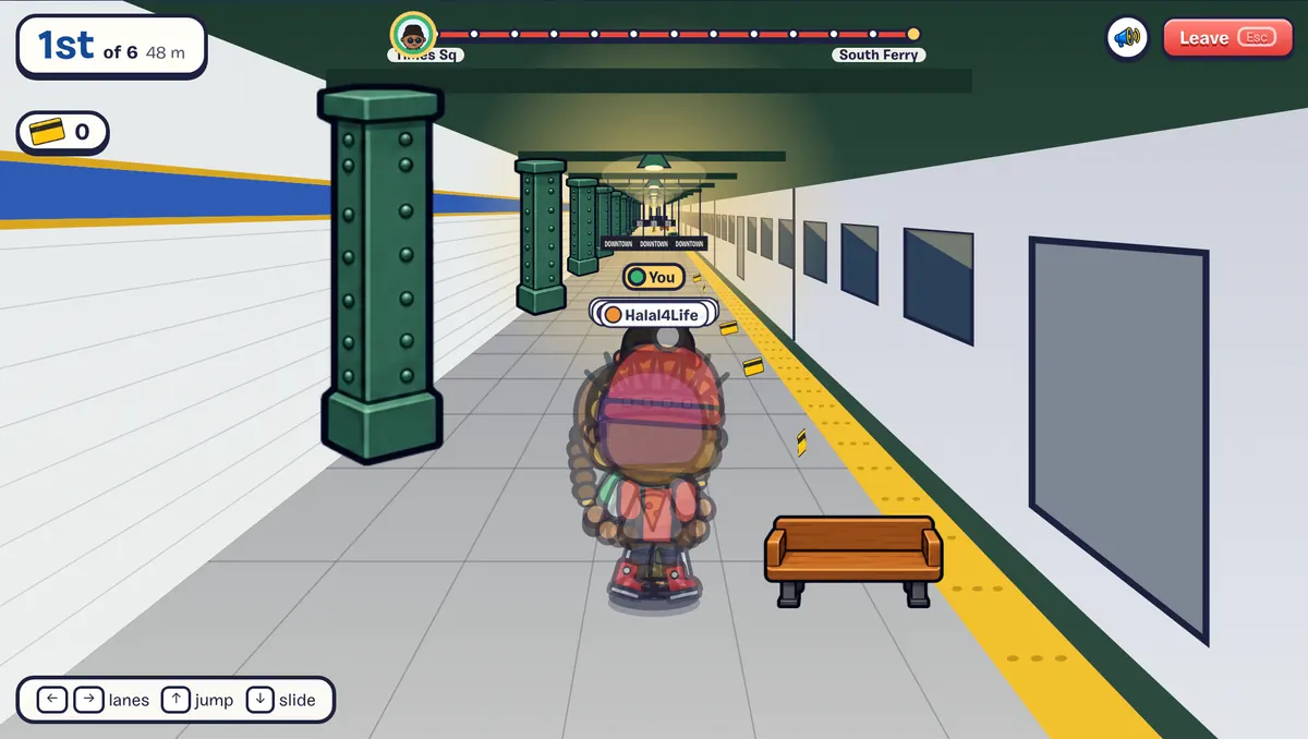 Rush Hour Run: a New Yorker sprinting down a subway platform past green columns and a bench, with the race place and distance at the top.