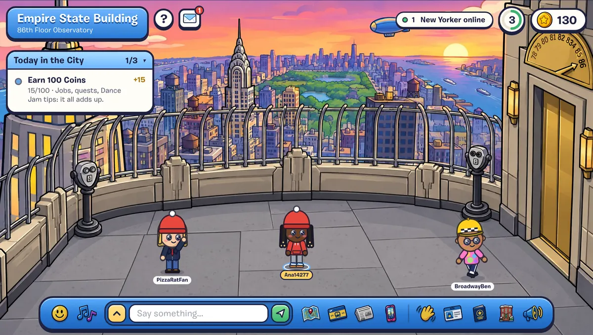 The Empire State Building's 86th floor observatory, with tower viewers and the Midtown skyline at sunset.