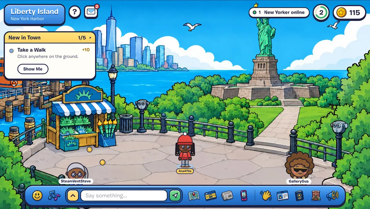 Liberty Island in Club NYC, with the Statue of Liberty, a souvenir kiosk and tower viewers.