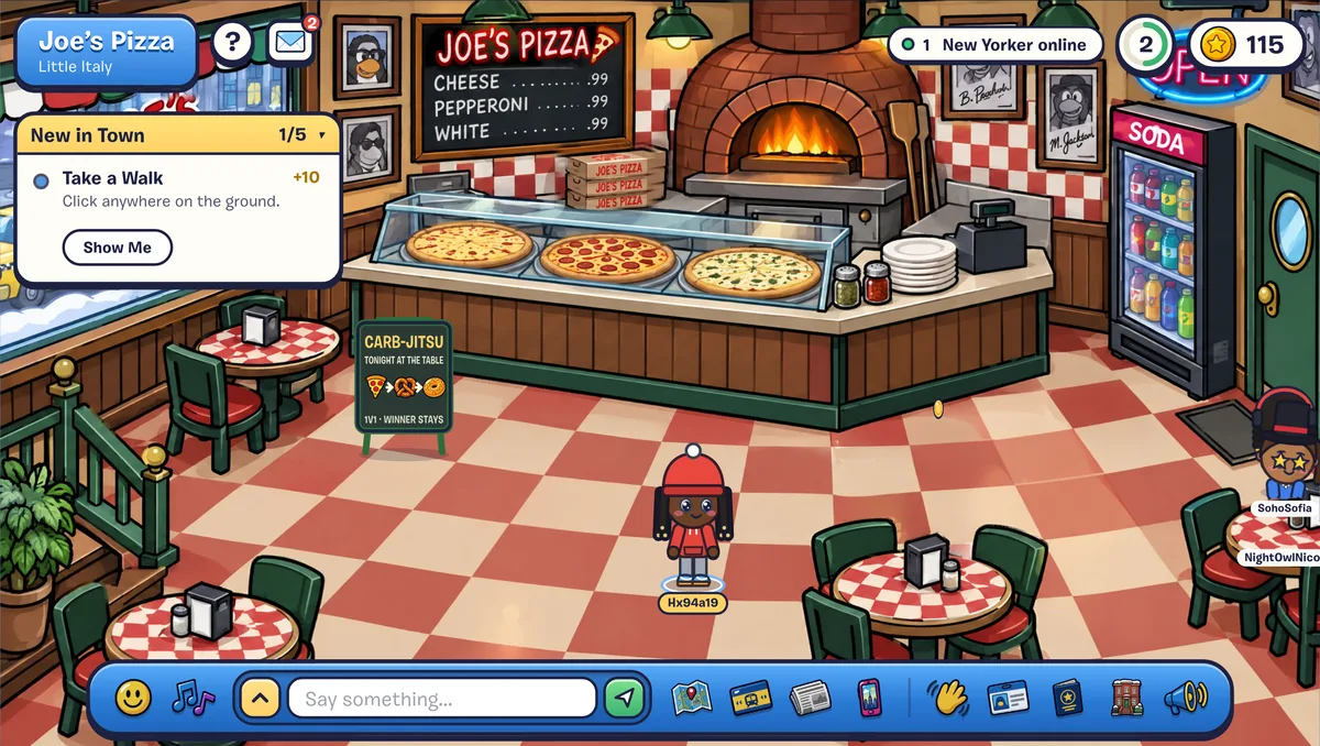 Inside Joe's Pizza: the counter, the pizza oven, the soda fridge and a wall of signed headshots.