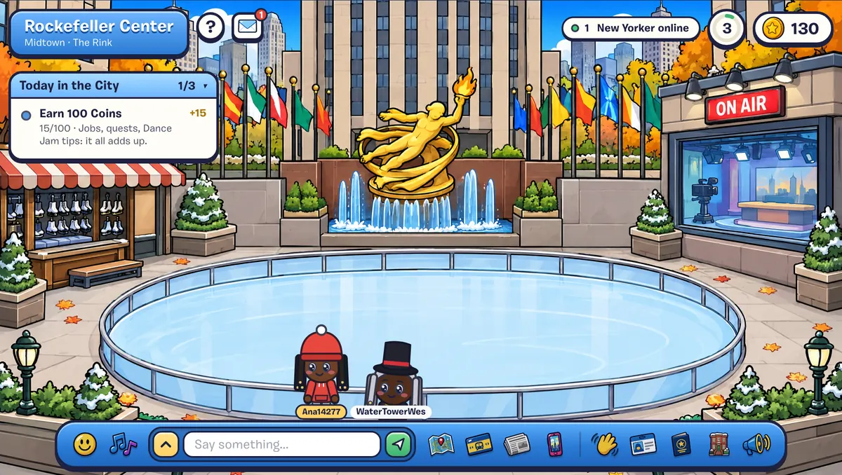 Rockefeller Center in Club NYC: the ice rink, the golden statue, flags and the skate rental booth.
