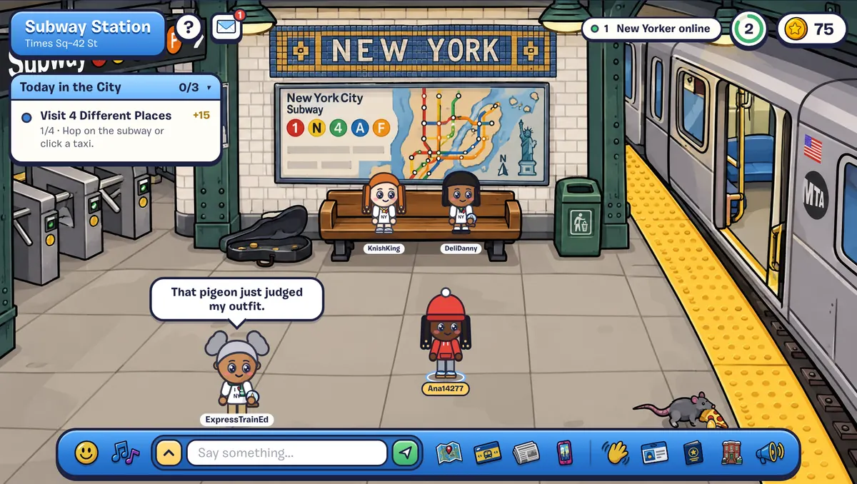 The Times Sq–42 St subway station, with the train, the turnstiles, a busker's guitar case and a bench.