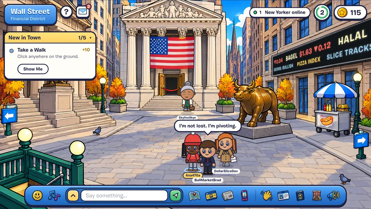 Wall Street in Club NYC: Federal Hall with the George Washington statue, the Exchange's columns, a giant ticker board and The Bull.