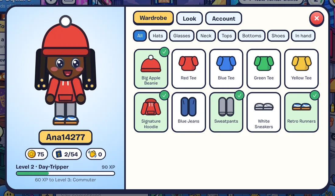 The Wardrobe tab of the player card, with category chips and a grid of clothes.